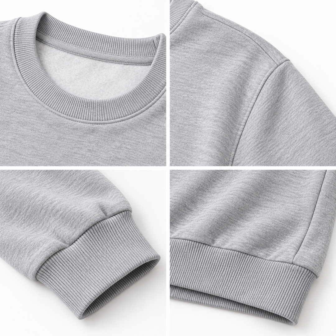 Close-up product details showing gray crewneck collar, sleeve cuff, seams and ribbed hem