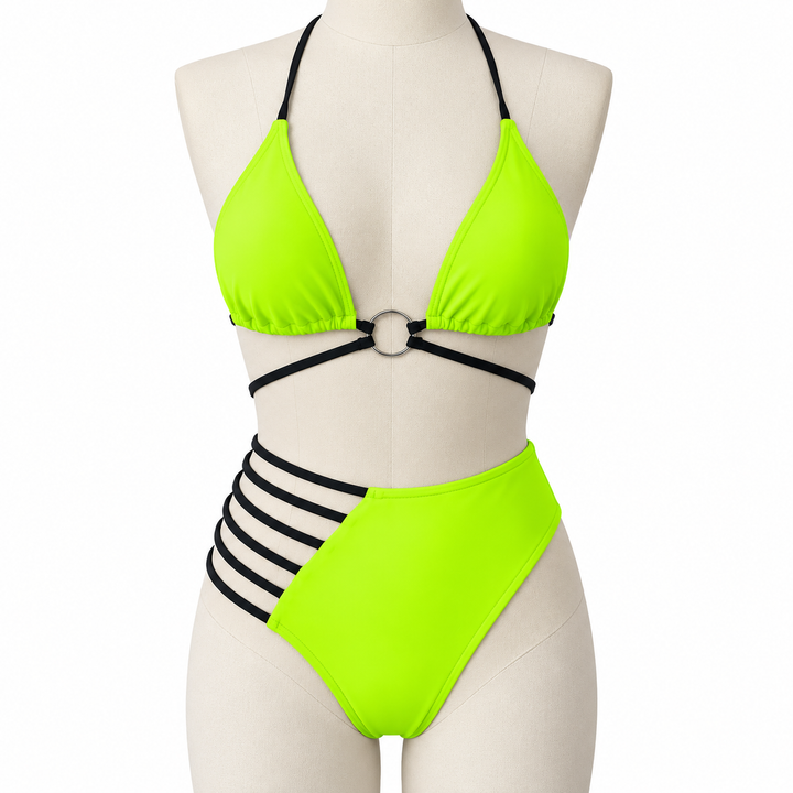 Green bikini on a fabric display mannequin against white, showing the halter neck, central ring and black side strap details.