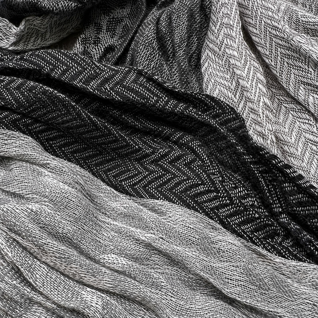 Close-up of the grey-and-black jacquard weave and visible fabric pattern.