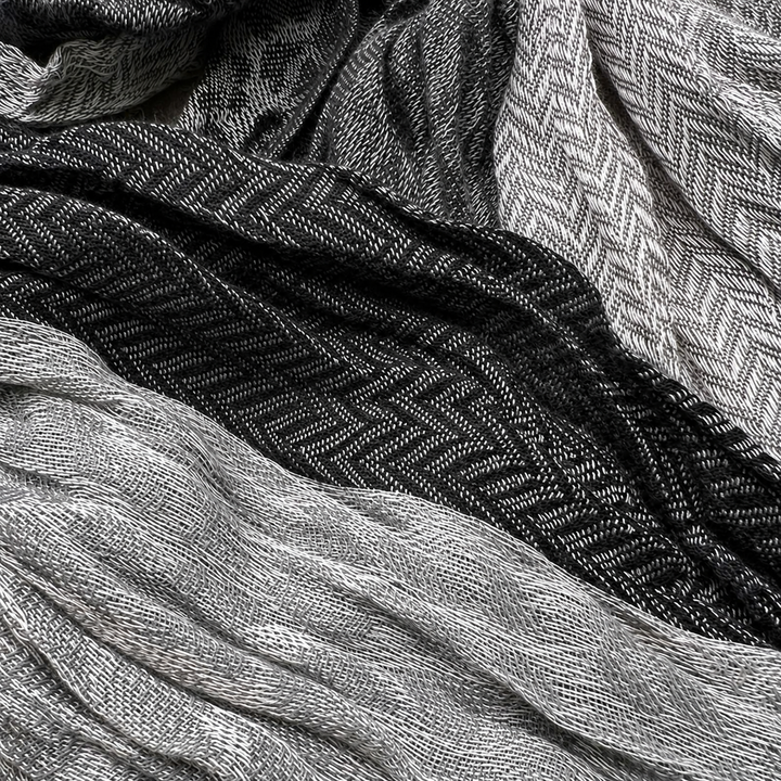 Close-up of the grey-and-black jacquard weave and visible fabric pattern.