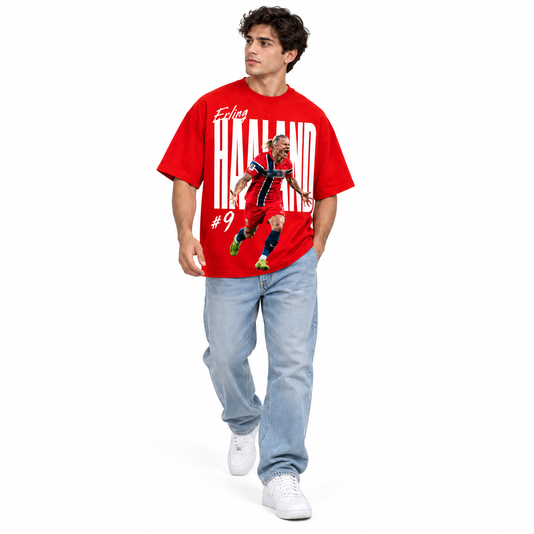 Red Haaland T-shirt casual full-body lifestyle styling