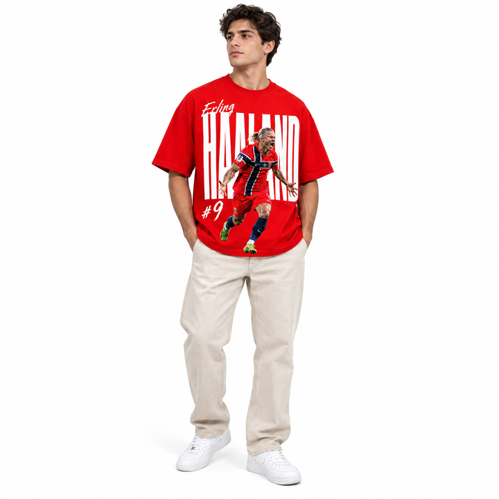 Erling Haaland red T-shirt full-body sports fan styling
