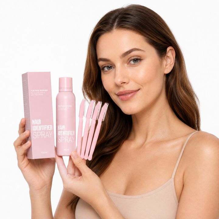 Hair Identifier Spray bundle with pink bottle, box and facial grooming tools displayed by a model on a white studio background.
