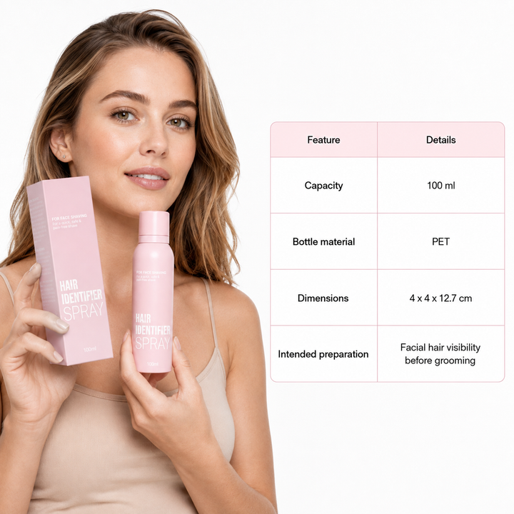 Hair Identifier Spray 100 ml set with product specifications beside a professional model on a clean white studio background.