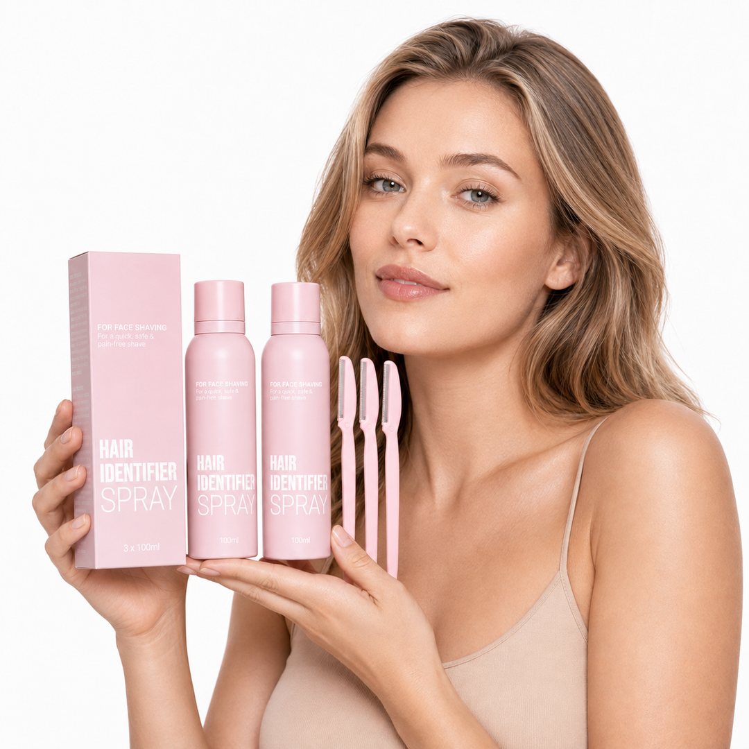 Three-set Hair Identifier Spray bundle with pink bottles, box and grooming tools presented by a model on a white background.