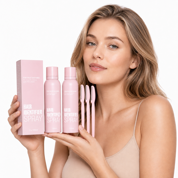 Three-set Hair Identifier Spray bundle with pink bottles, box and grooming tools presented by a model on a white background.