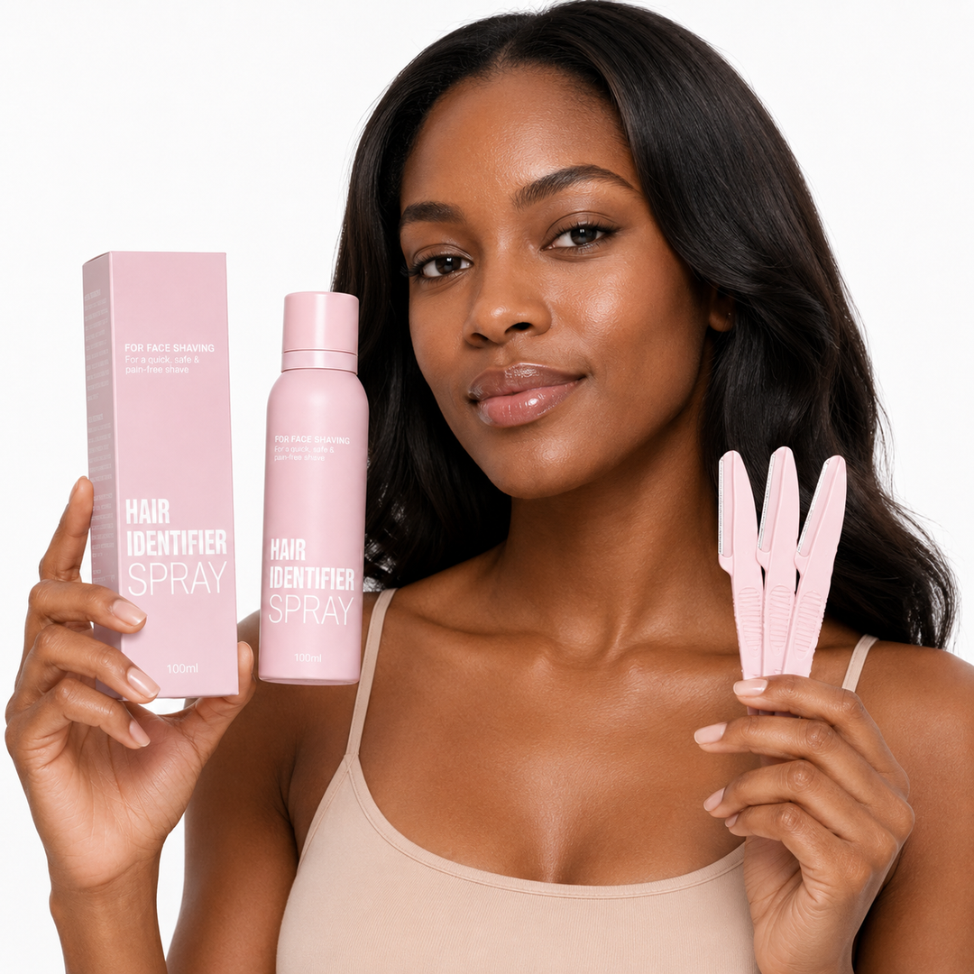Two-set Hair Identifier Spray bundle with pink bottles, box and grooming tools shown by a professional model on white background.