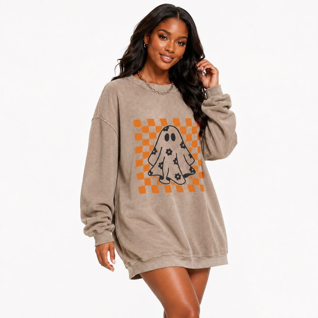 Halloween Ghost Sweatshirt with orange checkerboard floral ghost print - three-quarter product view