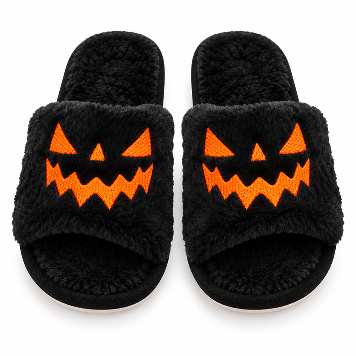 Black plush Halloween slippers with orange jack-o&