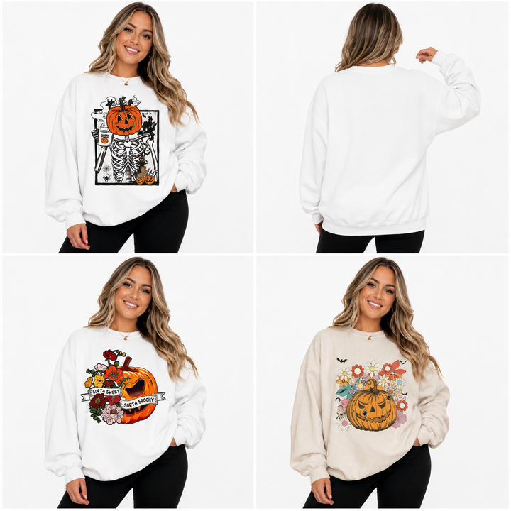 Halloween pumpkin sweatshirt collage showing white pumpkin skeleton, floral pumpkin and beige jack-o-lantern styles.