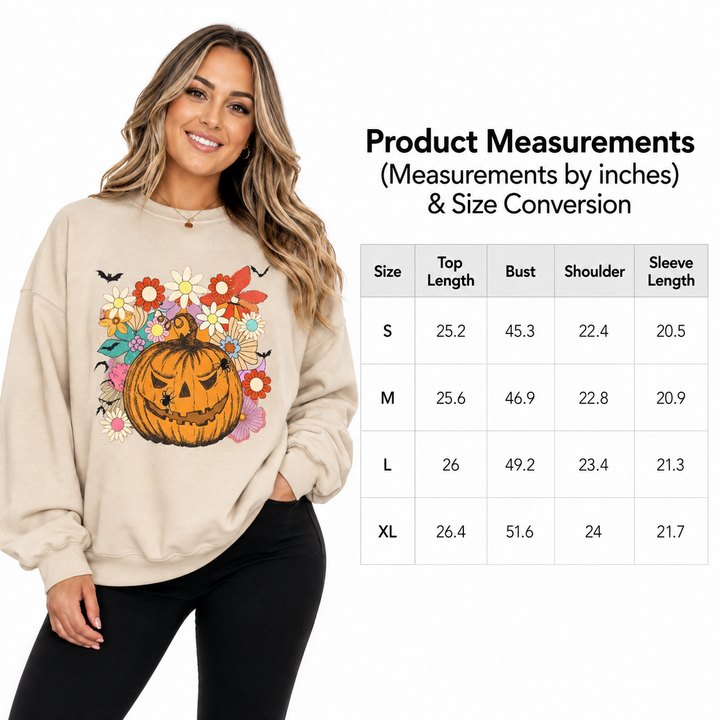 Halloween pumpkin sweatshirt size chart with S to XL measurements beside a beige floral pumpkin model image.