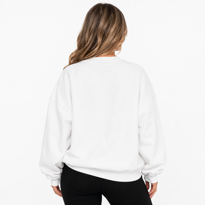 Back view of white Halloween pumpkin sweatshirt showing the plain rear design on a clean white studio background.