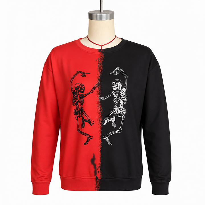 Red and black Halloween skeleton sweatshirt with dancing skeleton print on a clean white studio background.