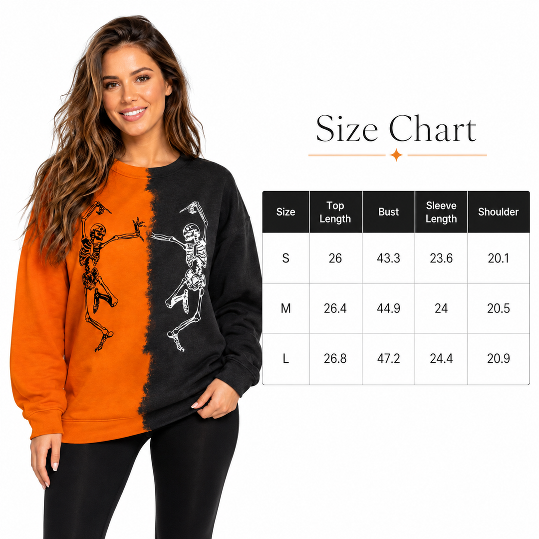 Halloween skeleton sweatshirt size chart with S, M and L measurements beside an orange and black model image.