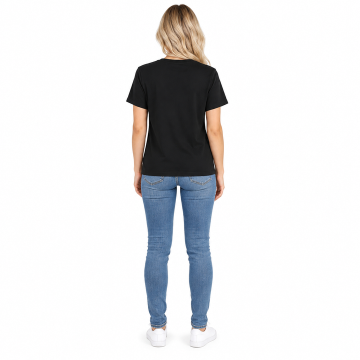 Black Halloween T-shirt shown from the back on a full-body model.