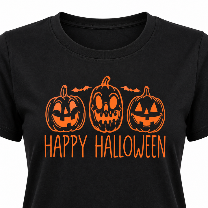 Black Happy Halloween T-shirt close-up showing the pumpkin print and neckline.