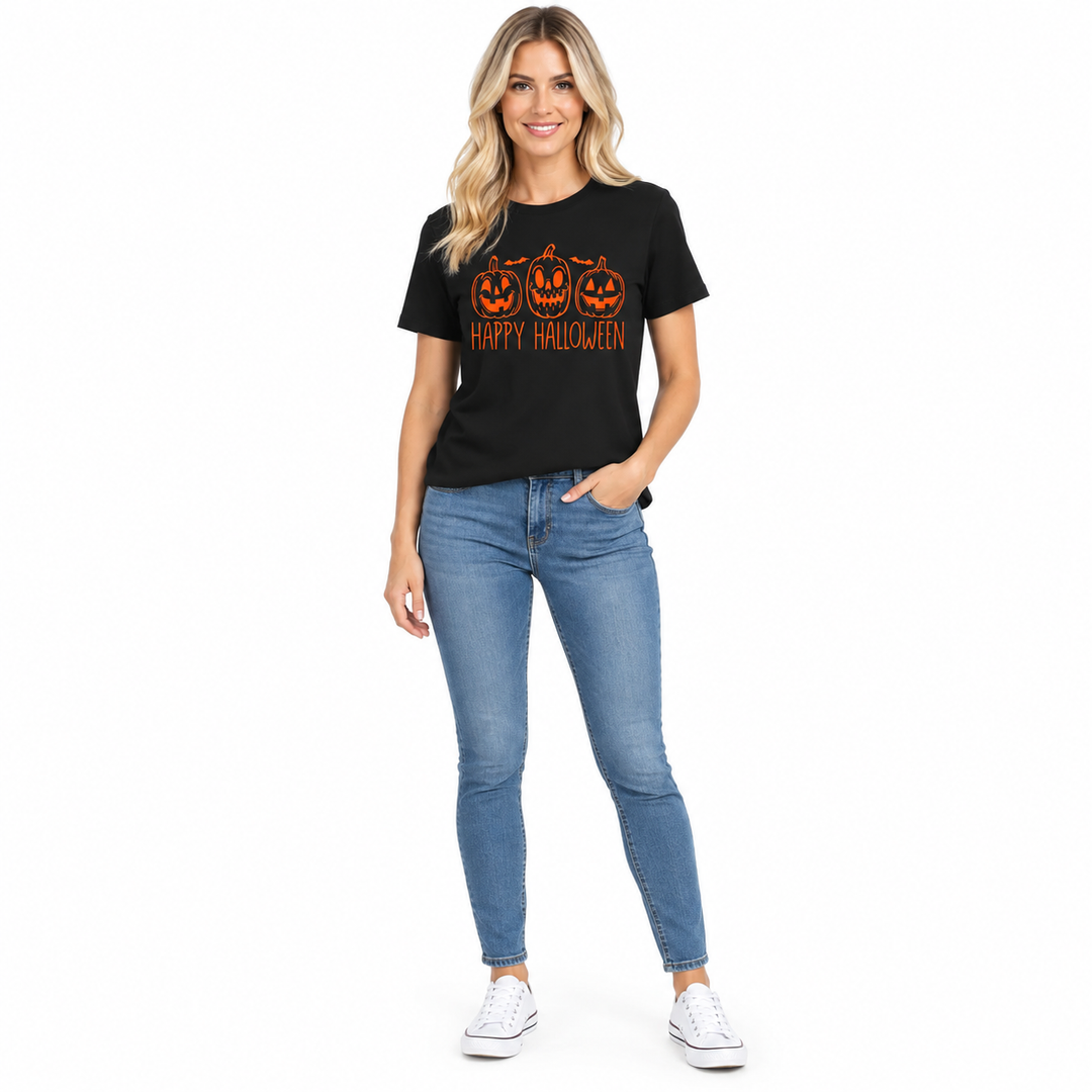 Black Happy Halloween pumpkin graphic T-shirt on a full-body model.