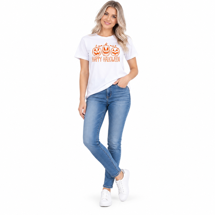 White Happy Halloween pumpkin graphic T-shirt on a full-body model in a second pose.