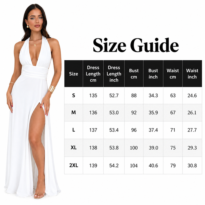 Halter dress size guide with dress length, bust and waist measurements