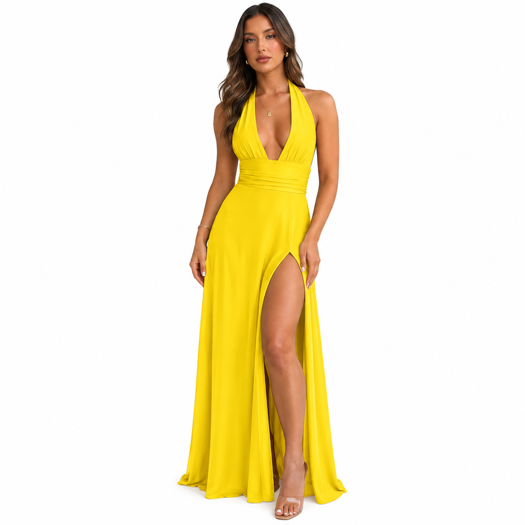 Yellow backless maxi dress with plunge neckline and high slit