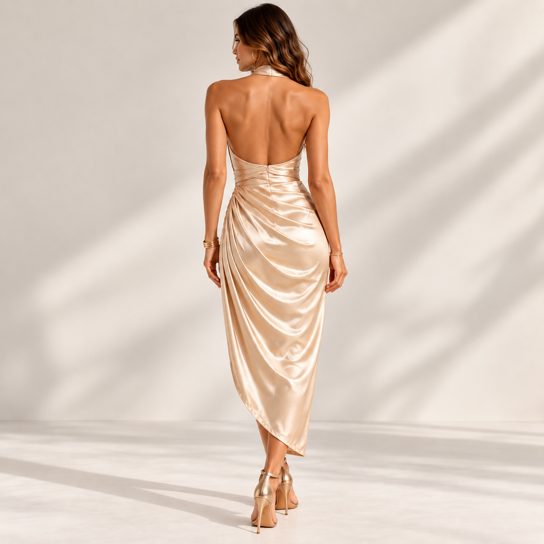 Champagne halter neck evening dress back view showing open back and draped midi skirt
