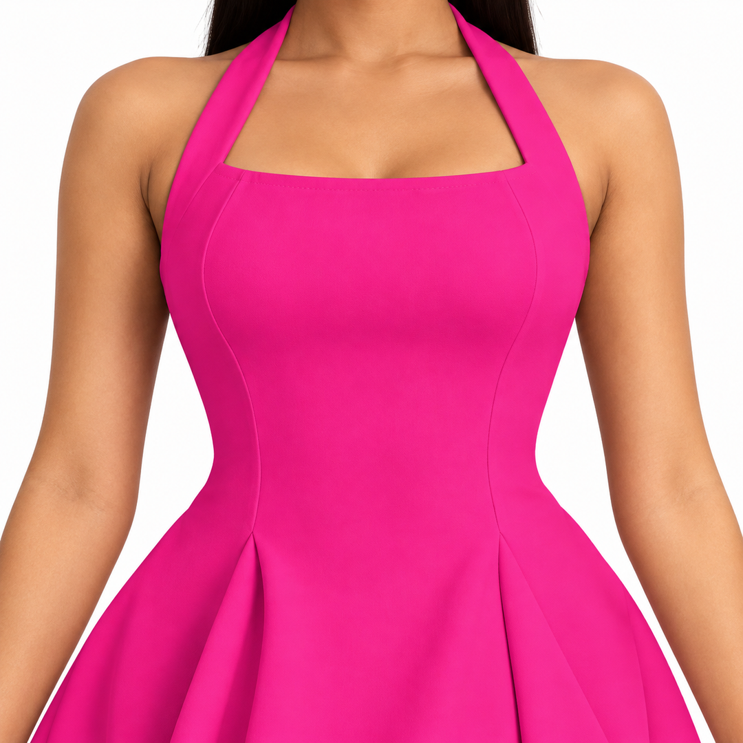 Close-up of the rose dress bodice seams and fabric