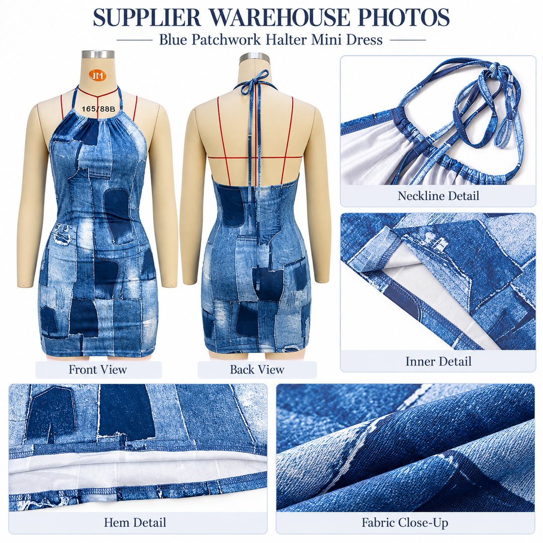 Supplier warehouse collage for the halter mini dress with front, back, neckline, inner and hem details.