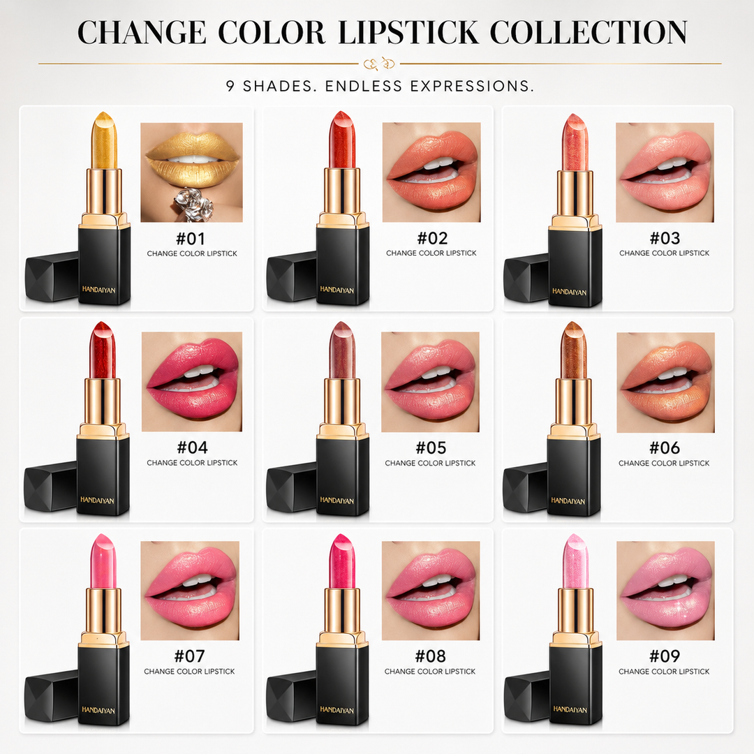 Handaiyan change color lipstick collection collage showing all nine numbered shades 