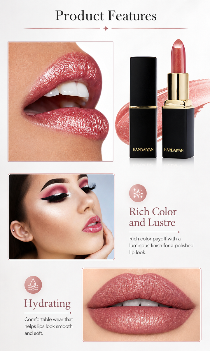Handaiyan metallic lipstick product features with rich color, lustre and hydrating presentation in a professional beauty layout.