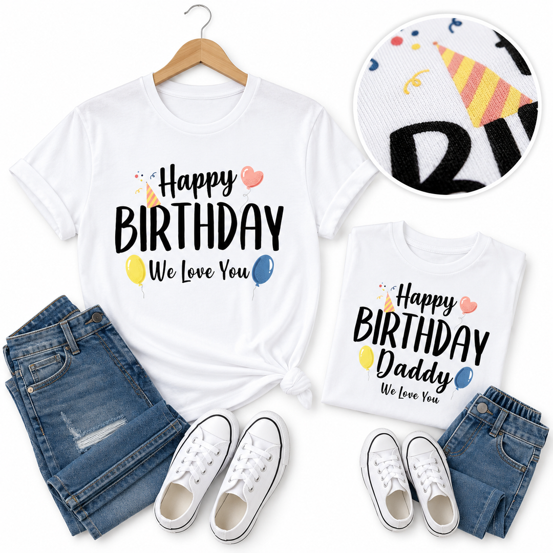Flat lay of coordinated adult and kid birthday shirts with denim and sneakers, plus a close-up print detail.