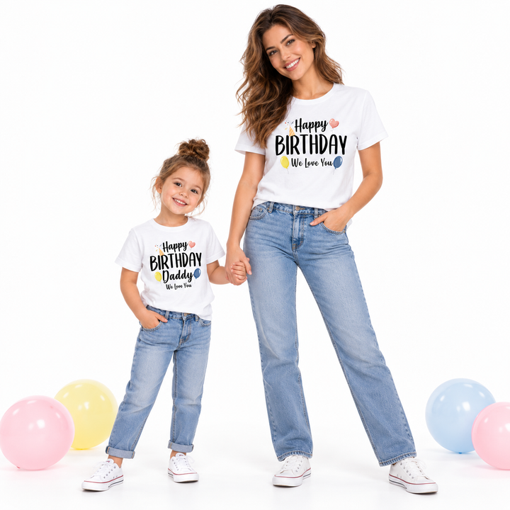 Adult and child in coordinated birthday shirts with jeans and balloons on a bright white studio set.