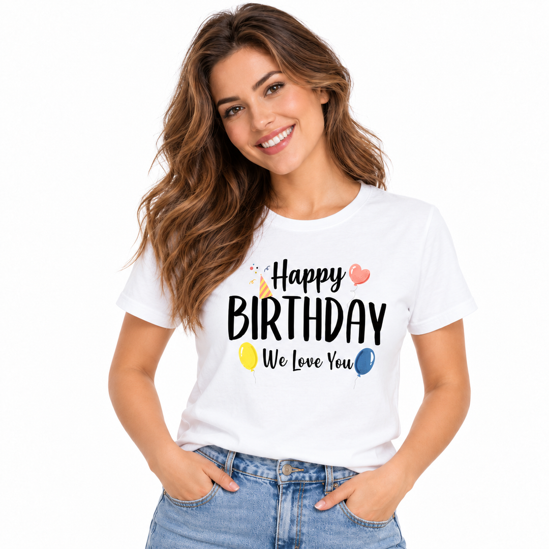 Adult Happy Birthday family shirt shown on a professional model against a clean white studio background.