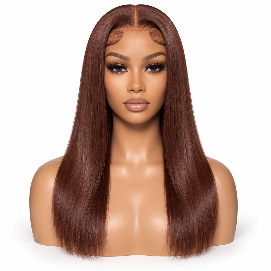 16 inch straight chestnut brown lace front wig front view on mannequin with center part and styled baby hairs.
