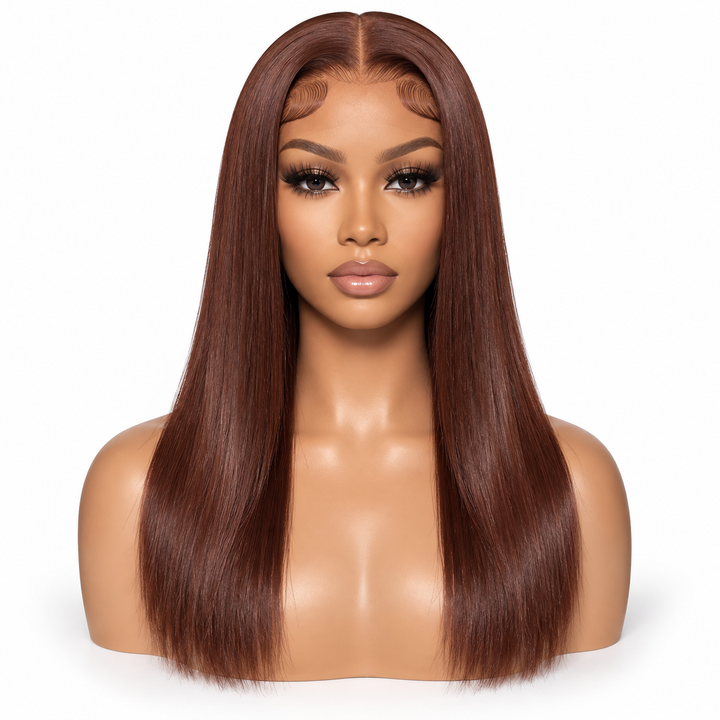 16 inch straight chestnut brown lace front wig front view on mannequin with center part and styled baby hairs.
