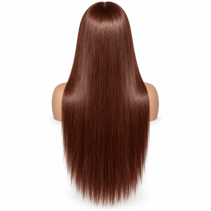 24 inch straight chestnut brown wig back view showing full length and smooth sleek texture on white background.