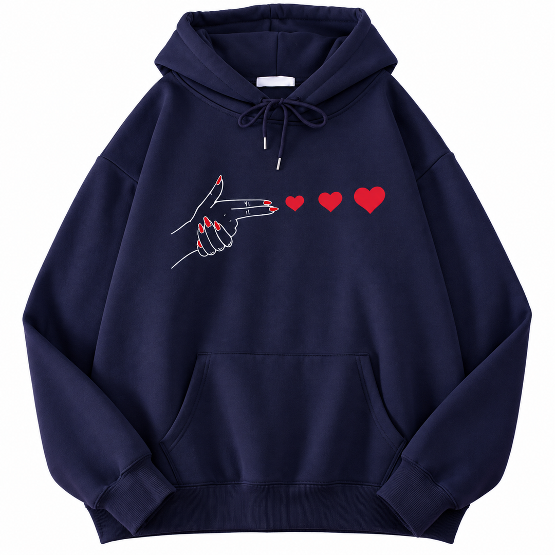 Blue hoodie with hand and red heart graphic, flat lay view