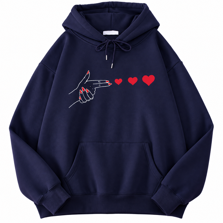 Blue hoodie with hand and red heart graphic, flat lay view