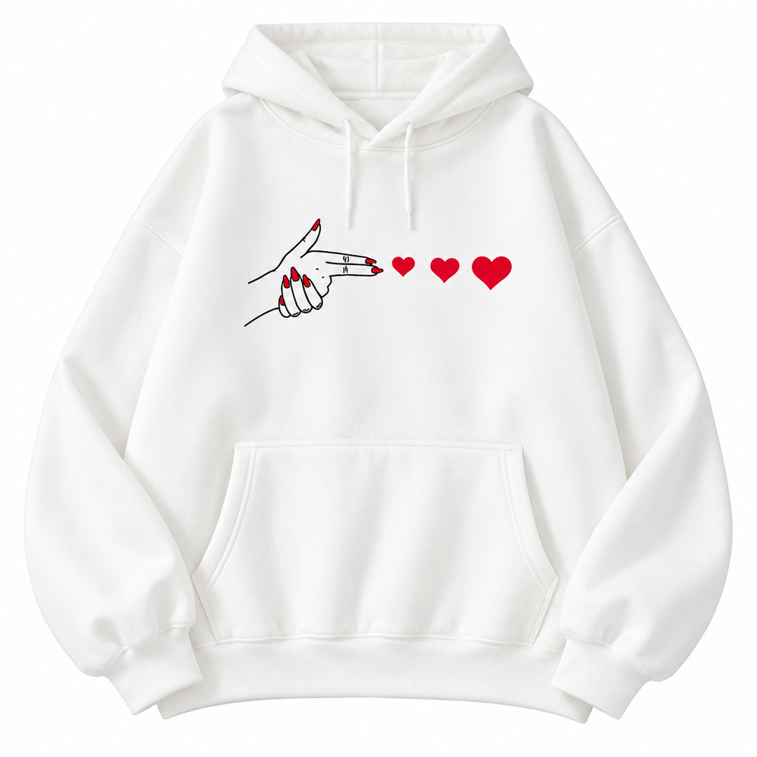 White hoodie with hand and red heart graphic, isolated front view