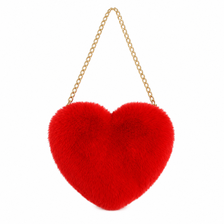 Red plush heart bag with a gold-tone chain strap, shown from the front against a white background in a studio product picture