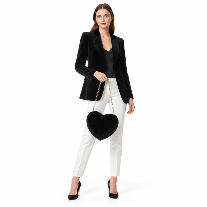 Full-body woman in a black blazer and white trousers carrying a black plush heart bag, shown in an angled front pose on white