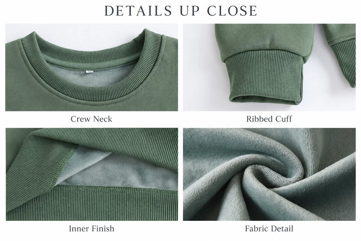 Four-panel detail image showing a green crew neckline, ribbed cuff, inner hem finish &amp; fabric close-up on a white background.