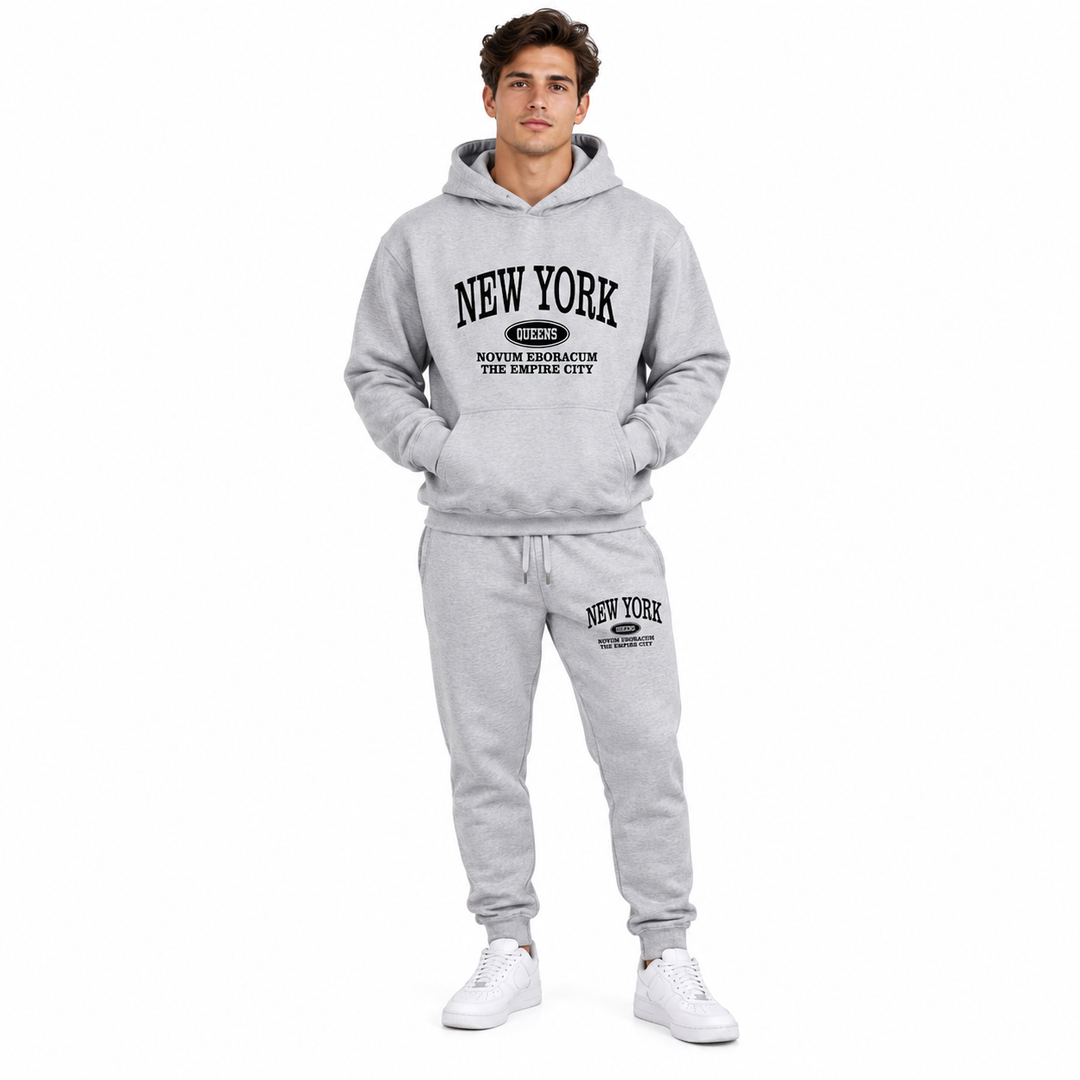 Heather gray hoodie and sweatpants set on a male model, full front view