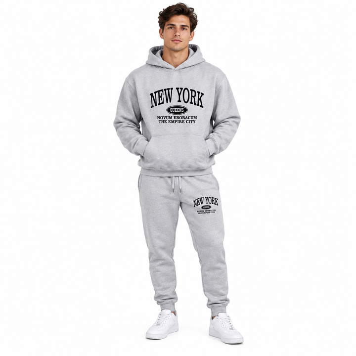 Heather gray hoodie and sweatpants set on a male model, full front view