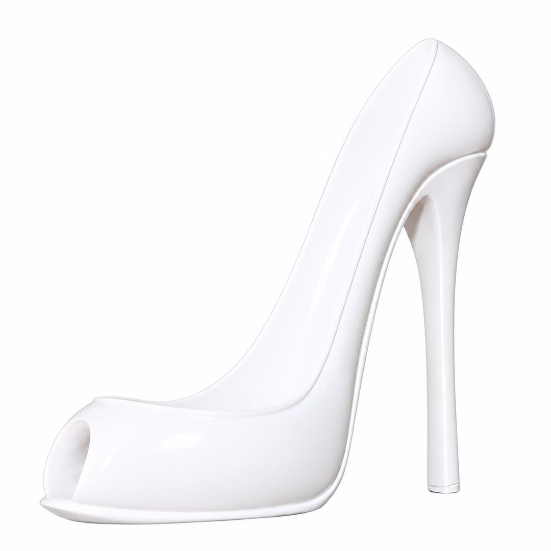 White resin shoe-shaped wine stand on a white background, showing the peep toe opening, curved bottle cradle and a thin heel.