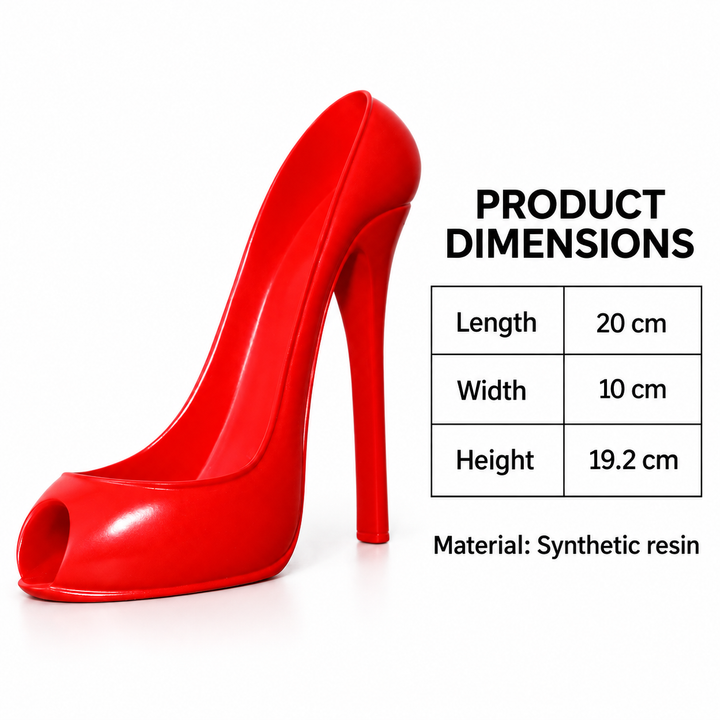 Red resin wine stand with an English dimensions table: length 20 cm, width 10 cm, height 19.2 cm, with synthetic resin noted.