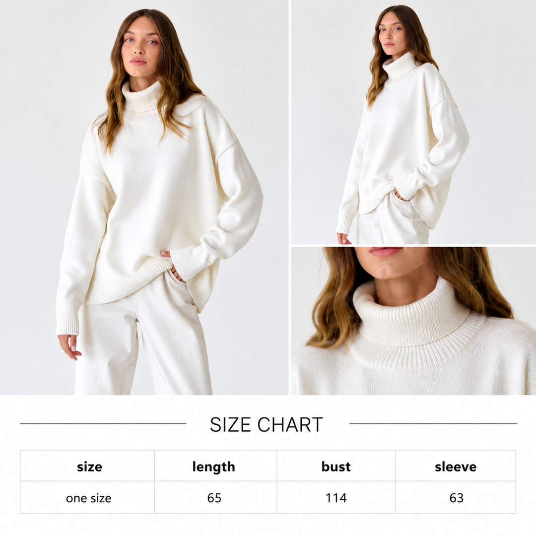 High neck sweater for women shown on models with One Size chart: length 65 cm, bust 114 cm and sleeve 63 cm.