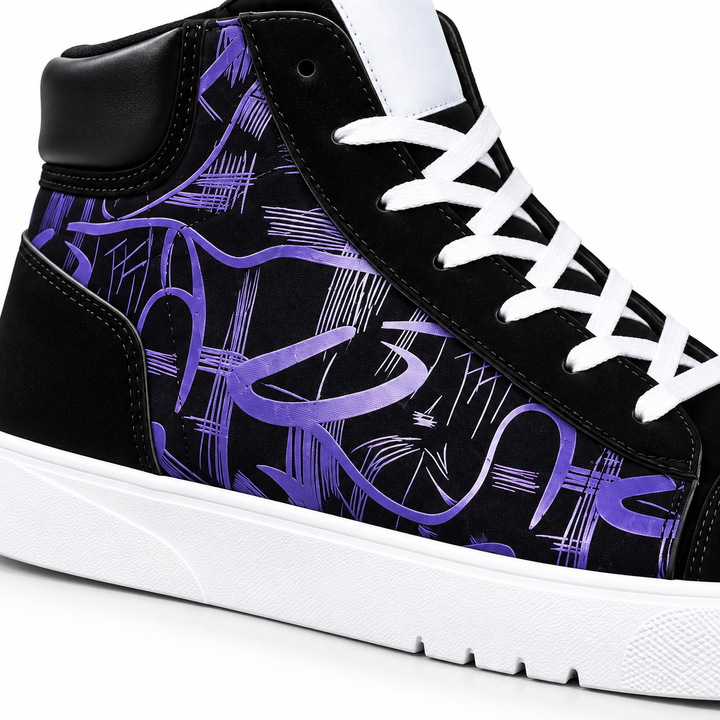Close-up of purple graphic side panel, stitching and white sole on the high top sneaker
