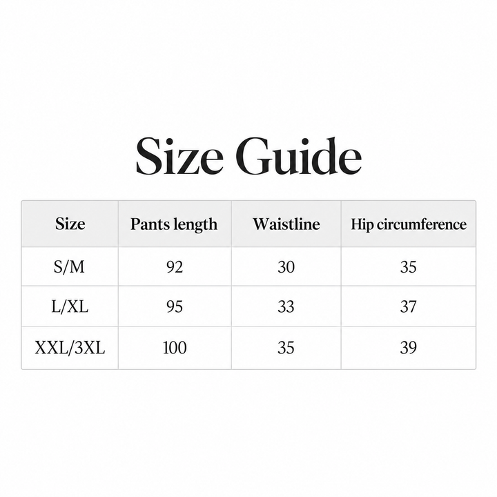 Size guide for high waisted jeggings showing the verified supplier measurements for S/M, L/XL and XXL/3XL.