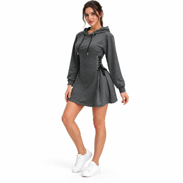 Lace-up sweatshirt dress in dark gray on a model, full-length front studio view