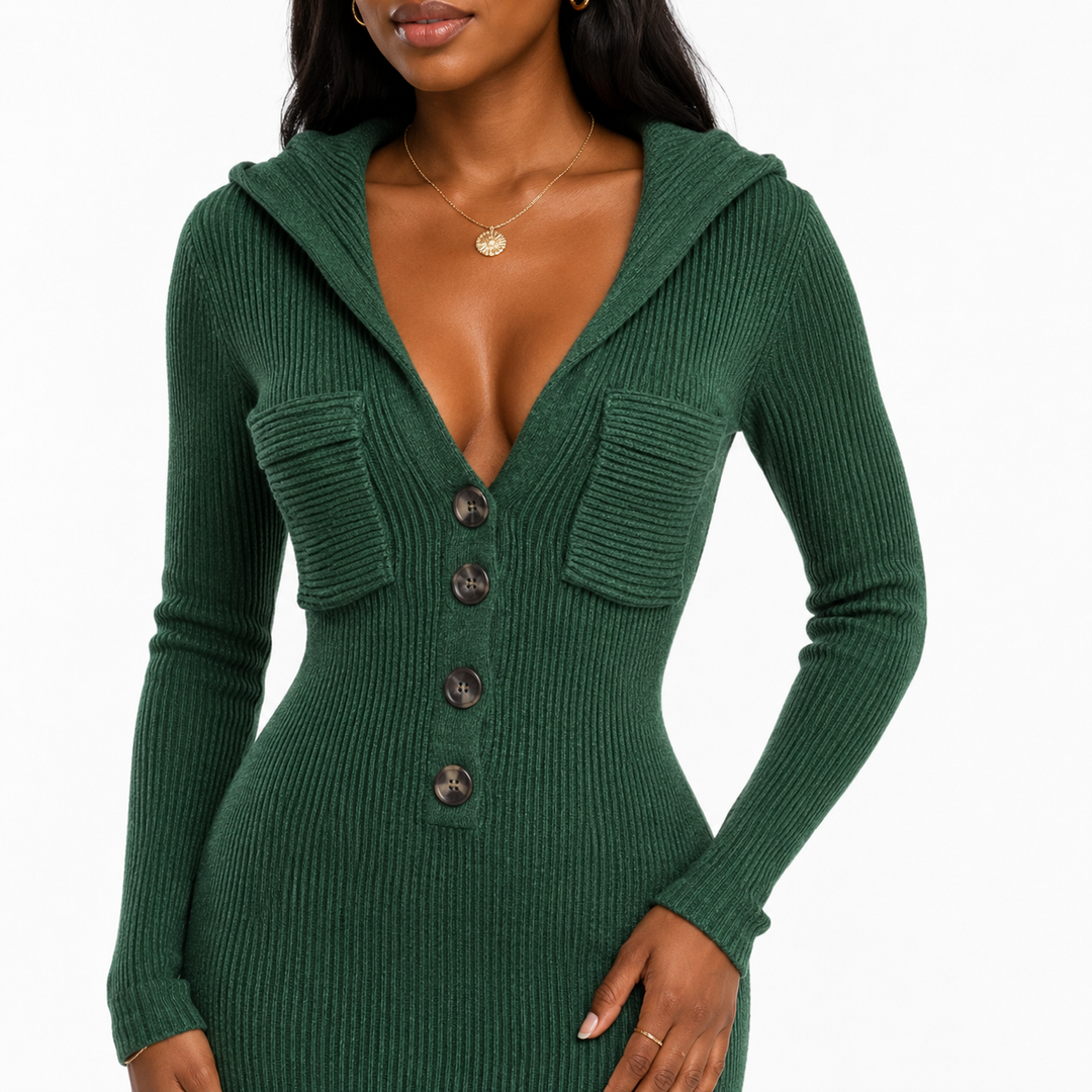 Dark green hooded knit maxi dress - close-up of ribbed texture, buttons and chest pockets
